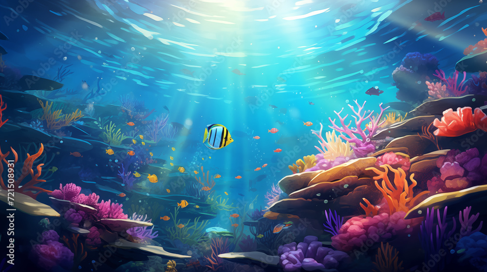 Underwater scene with a burst of colorful marine life