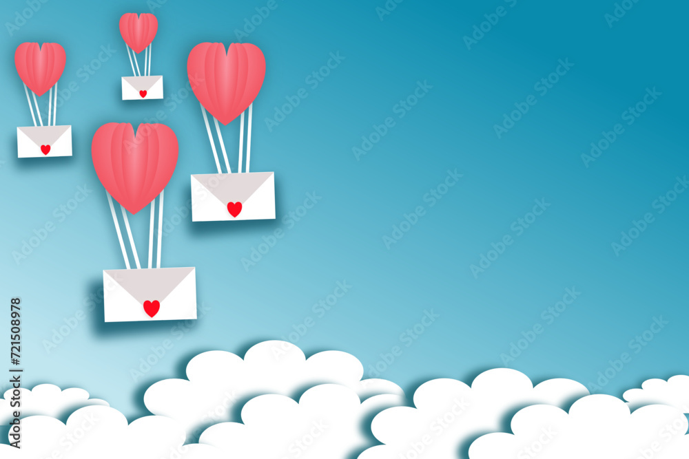 heart balloon love background image Gradient heart shape design Hearts lined up, blue background, white clouds, gray shadows for illustration abor of love.