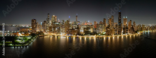 Aerial wide panoramic view of downtown Chicago city skyline, Illinois, USA. September 24, 2023. © Creative Studio 79