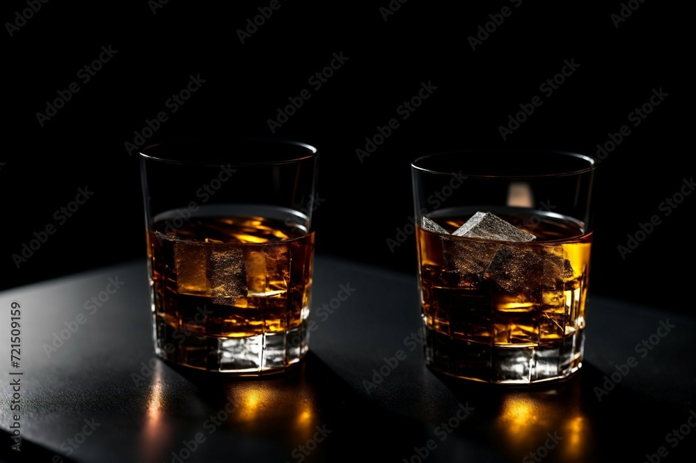 Two glasses of whiskey with ice on a black background, selective focus