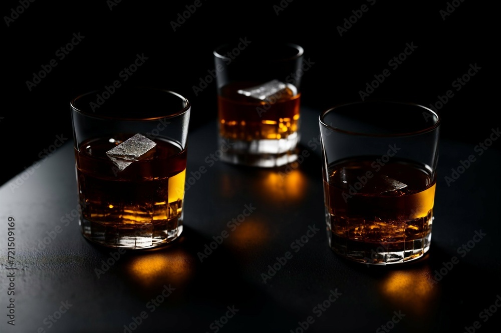 Two glasses of whiskey with ice on a black background, selective focus Two glasses of whiskey with ice on a black background, selective focus