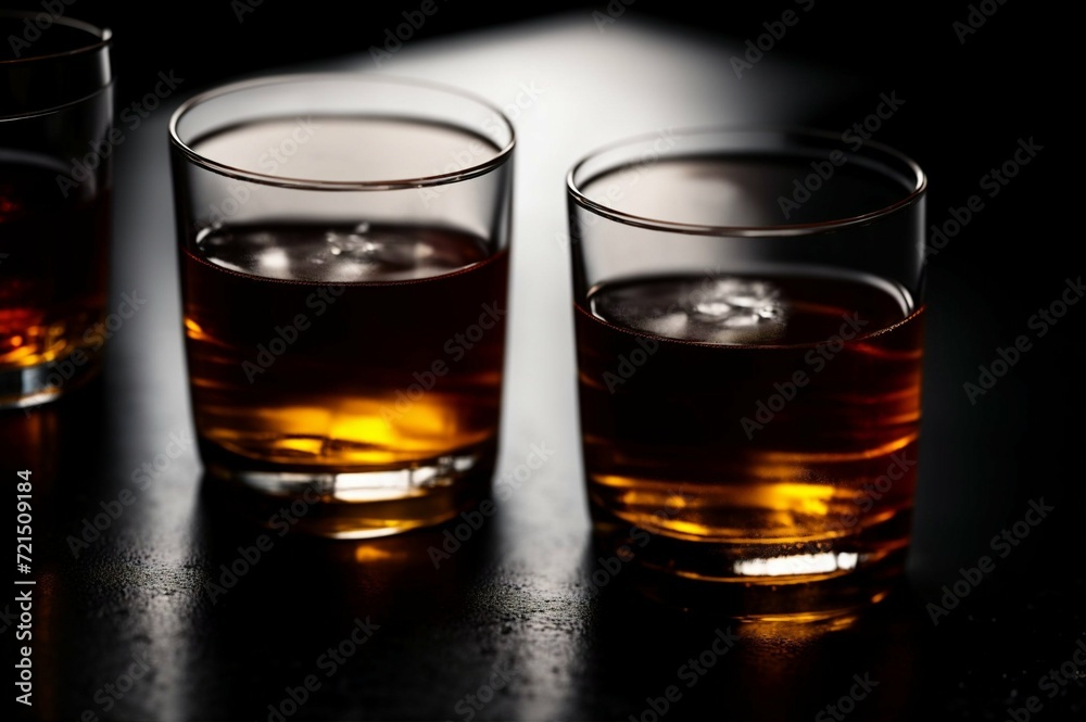 Two glasses of whiskey with ice on a black background, selective focus Two glasses of whiskey with ice on a black background, selective focus