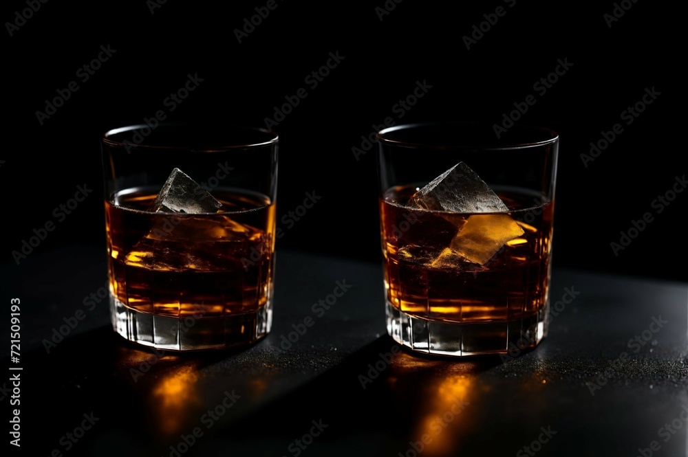 Two glasses of whiskey with ice on a black background, selective focus