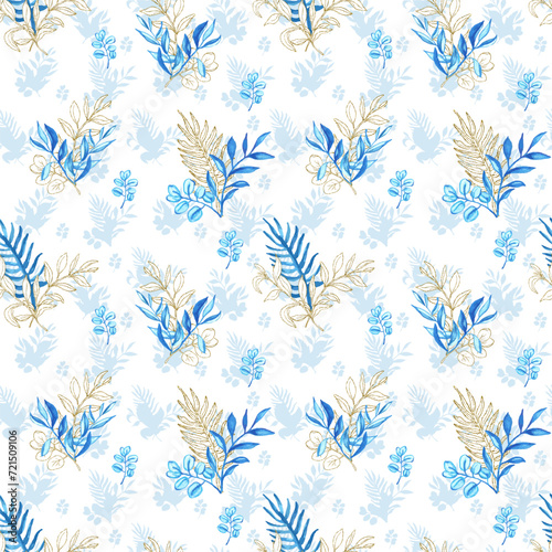 Blue and golden leaves bouquet seamless pattern for fabric design  scrapbook  wallpaper. Vector background with watercolor floral elements.