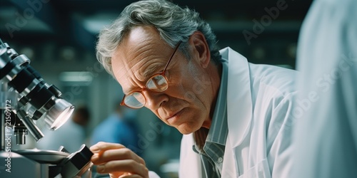 A man in a lab coat is carefully examining a specimen under a microscope. This image can be used to illustrate scientific research, laboratory work, or the study of microorganisms