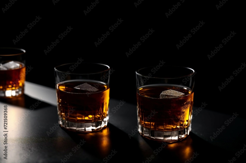 Two glasses of whiskey with ice on a black background, selective focus