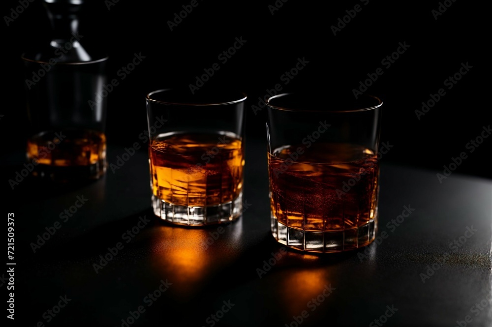 Two glasses of whiskey with ice on a black background, selective focus