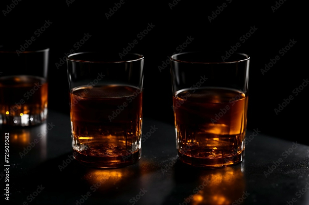 Two glasses of whiskey with ice on a black background, selective focus