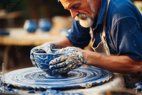 Person is making a pottery, blue color