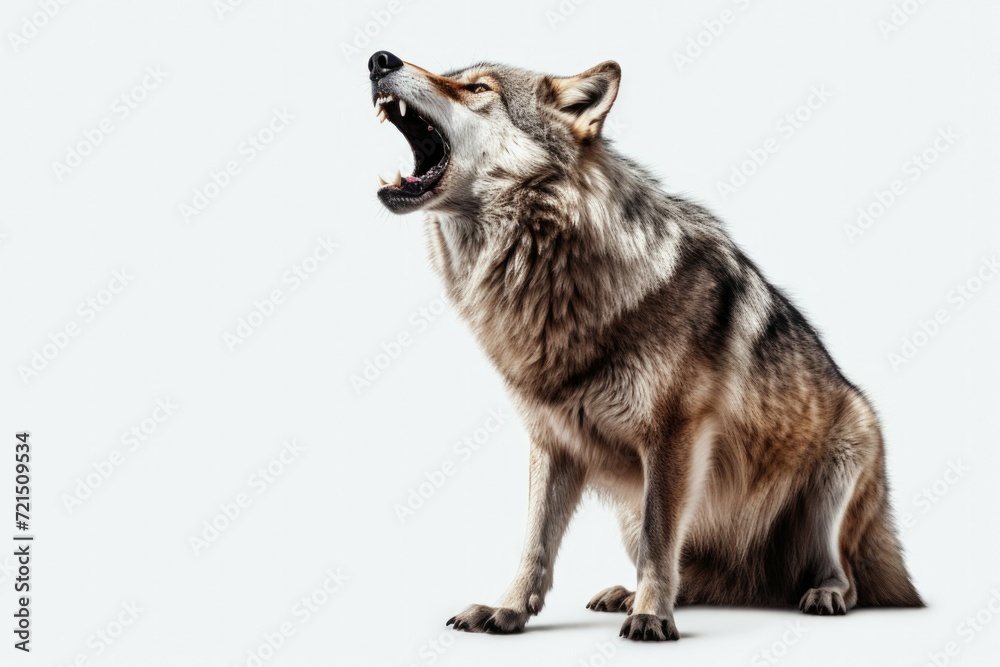 A wolf sitting and yawning with its mouth open. Suitable for wildlife or animal-related projects