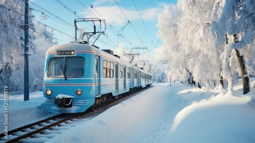 A blue train is seen traveling through a picturesque snow covered forest. This image can be used to depict winter travel, transportation, or scenic landscapes