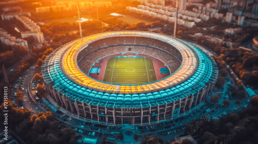 Aerial view of grand stadium aglow with sunset, embodying energy passion atmosphere of sports competitions, tournaments ready to welcome throngs of passionate fans and thrilling clash of athletes