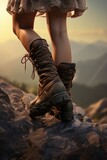 A woman confidently standing on a large rock, offering a sense of strength and accomplishment. Suitable for outdoor adventure, empowerment, and success themes
