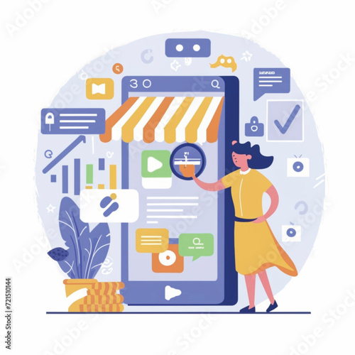 2d vector illustration colorful social media boost , influence blogger E-marketer via Internet pages marketing referral