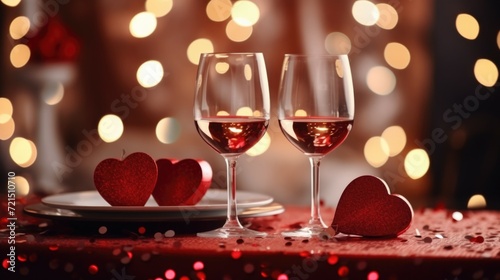 Two glasses of wine and two hearts arranged on a table. Suitable for romantic occasions and celebrations