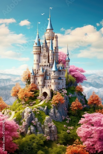 A picturesque castle standing proudly atop a hill, enveloped by a lush forest. Ideal for various uses