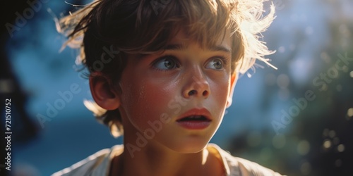 A young boy with a sad expression on his face. Suitable for illustrating emotions and feelings of sadness or loneliness photo