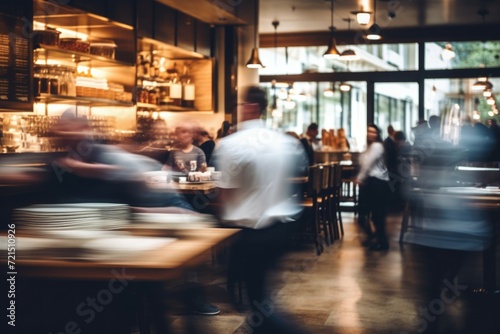 A blurry photo capturing a bustling restaurant scene with people sitting at tables. Perfect for illustrating a lively dining experience photo