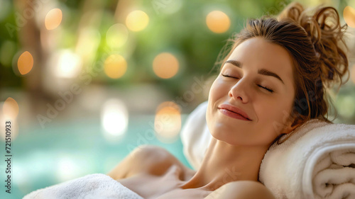 Portrait of a woman relaxing in the spa. Mother's Day Spa. Relaxing spa day for a mother.