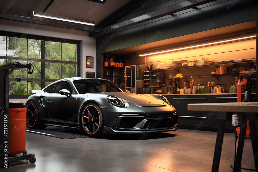 Fototapeta premium modern garage with sleek built-in storage cabinets