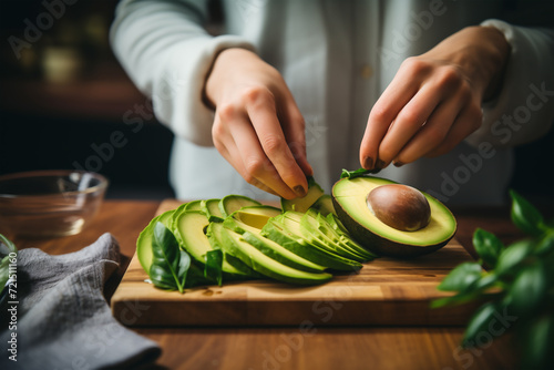 Hands slicing an avocado on a cutting board, half avocado with seed