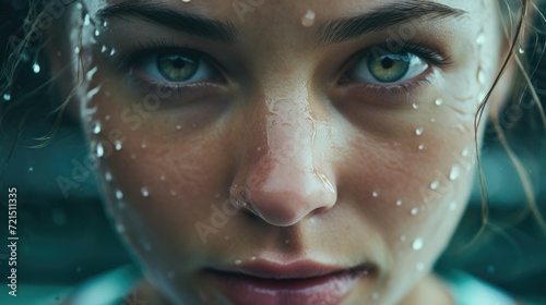 A close-up view of a woman's face with water droplets. Perfect for skincare, beauty, or wellness concepts