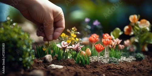 A hand reaching out to touch the vibrant flowers in a beautiful garden. Perfect for adding a touch of nature and beauty to any project