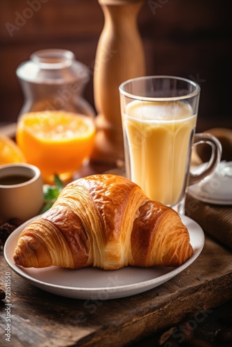 A delicious croissant is placed on a plate next to a refreshing glass of orange juice. Perfect for breakfast or brunch