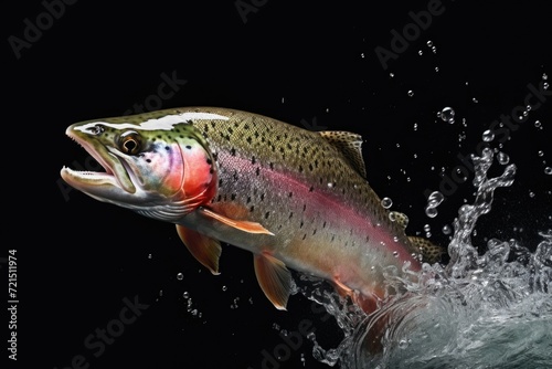 A stunning image capturing a rainbow trout as it jumps out of the water. Perfect for illustrating the excitement and energy of fishing or showcasing the beauty of underwater wildlife. photo