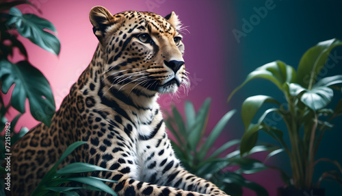 Majestic Spotted Leopard Poised Elegantly Under Studio Lighting Against a lush studio Backdrop, wallpaper