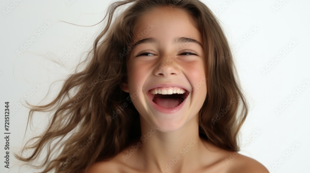 A young girl with long brown hair captured in a moment of laughter. This image can be used to depict joy, happiness, and carefree moments. A young girl with long brown hair captured in a moment of laughter. This image can be used to depict joy, happiness, and carefree moments.