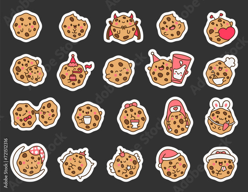 Cute kawaii cookies. Sticker Bookmark. Cartoon choco chip characters. Funny food. Hand drawn style. Vector drawing. Collection of design elements.