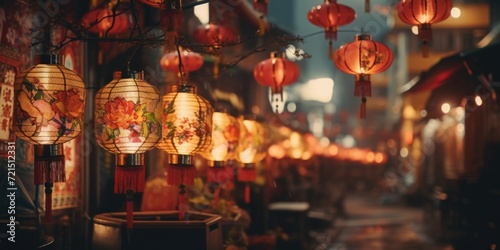 A street filled with lots of red lanterns hanging from the ceiling. Can be used to showcase a festive atmosphere or for cultural themes