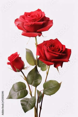 Three red roses with green leaves arranged in a vase. Perfect for romantic occasions or floral decorations