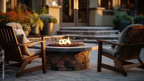 A fire pit sitting on top of a stone patio. This image can be used to showcase outdoor living spaces and create a cozy ambiance