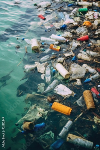 A body of water filled with an overwhelming amount of trash. This image can be used to raise awareness about pollution and its impact on the environment