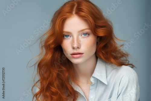 A woman with long red hair and striking blue eyes. This image can be used for various purposes, such as beauty, fashion, or portrait photography