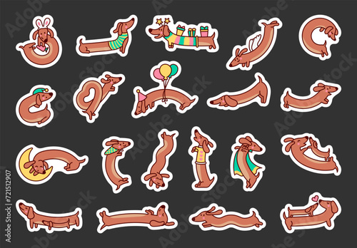 Cute cartoon long dachshund dog. Sticker Bookmark. Puppy wagging tail. Funny pet character. Hand drawn style. Vector drawing. Collection of design elements.