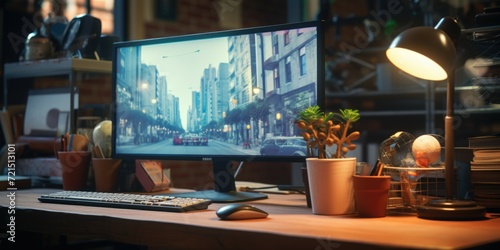 A desktop computer placed on top of a wooden desk. Suitable for technology-related projects and office-themed designs