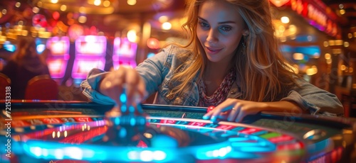 A stylish woman with a determined expression on her human face plays roulette in a crowded casino, dressed in elegant clothing as she tries her luck at the indoor game