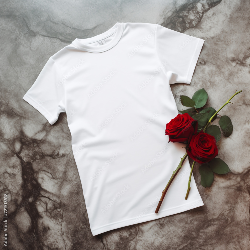 white plain tshirt Printify flat lay mockup on black marble, bouquet of red roses on bottom of marble сreated with Generative Ai white plain tshirt Printify flat lay mockup on black marble, bouquet of red roses on bottom of marble сreated with Generative Ai
