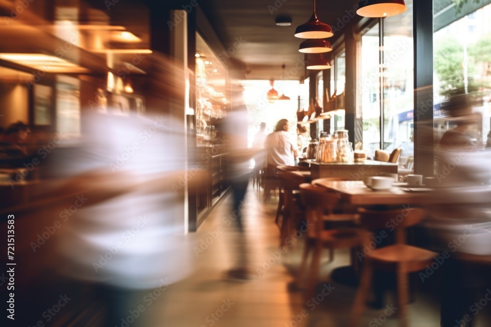 A blurry photo capturing a restaurant scene with people sitting at tables. Perfect for illustrating a lively dining atmosphere.