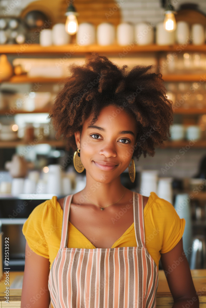 A young African American woman smiling in her own coffee shop A young African American woman smiling in her own coffee shop