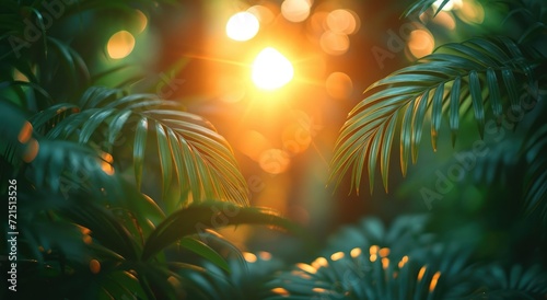 Golden rays dance among the emerald canopy  illuminating the delicate veins of a palm leaf and casting a warm glow on the terrestrial plants below