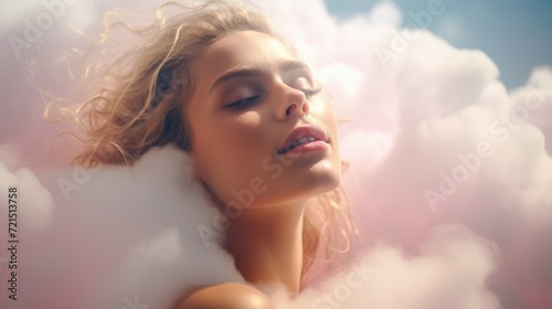 A woman with her eyes closed, peacefully resting in the clouds. Can be used to depict relaxation, meditation, dreaming, or escapism. photo