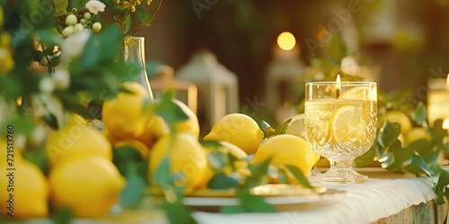 A table adorned with fresh lemons and a glass of wine. Perfect for adding a touch of elegance and refreshment to any setting