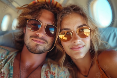 A stylish couple captures a sunny moment with matching eyewear and beaming smiles in a selfie