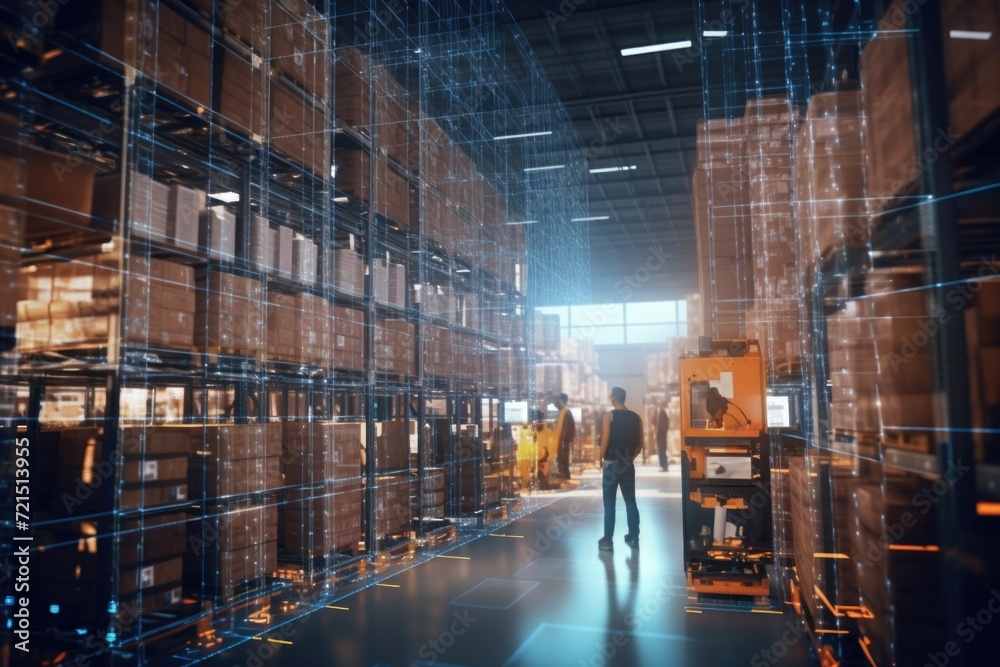 A man is seen standing in a warehouse surrounded by numerous boxes. This image can be used to represent storage, logistics, or inventory management