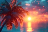 A majestic palm tree silhouetted against a breathtaking sunset, a symbol of tranquility and natural beauty on a peaceful beach