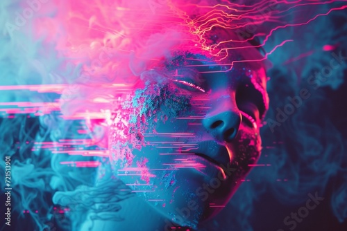 Psychedelic portrait of a person, their features dissolving into a digital wave of vibrant neon colors, symbolizing connectivity and digital identity.